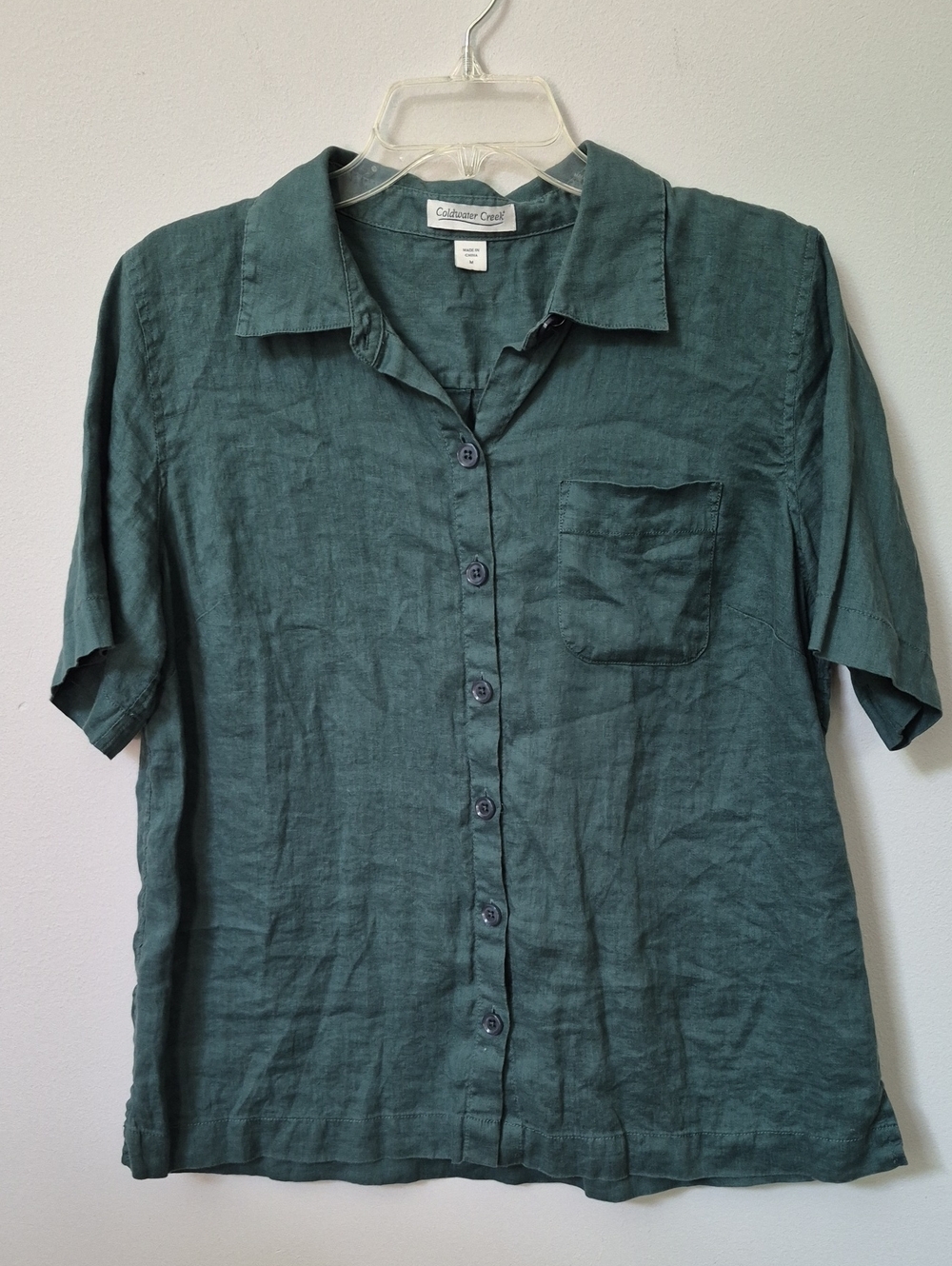 Coldwater Creek Women's M Pine Green Linen Button Up Shirt Lagenlook Boxy Casual
